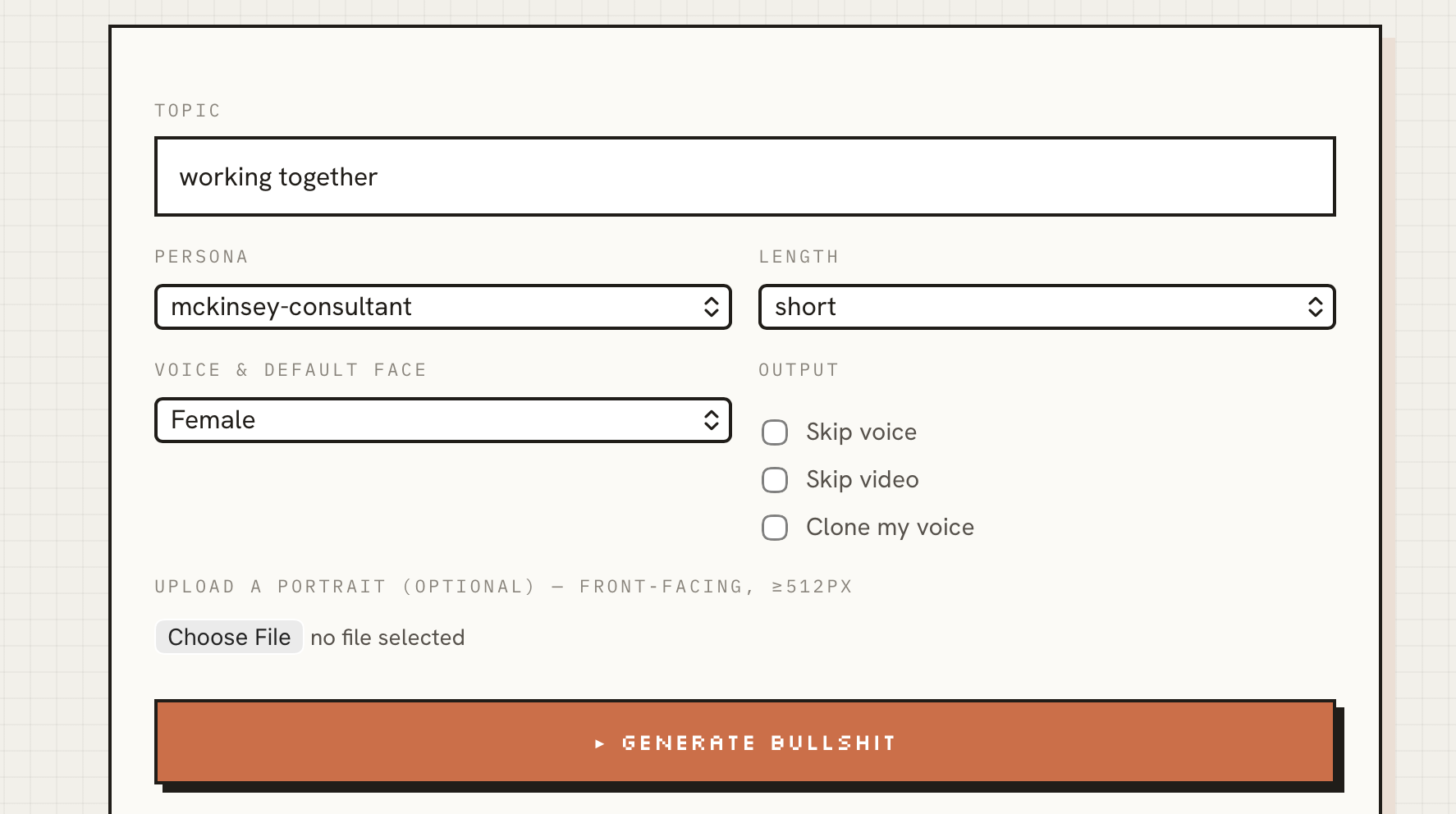 CBAG controls: topic, persona, length, voice, and output options including clone my voice and upload a portrait