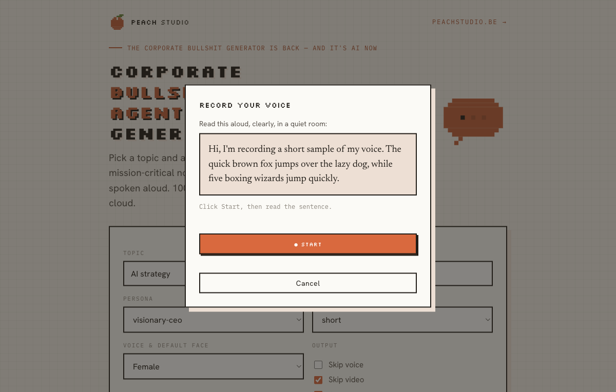 CBAG voice-cloning dialog asking you to read a short sample aloud