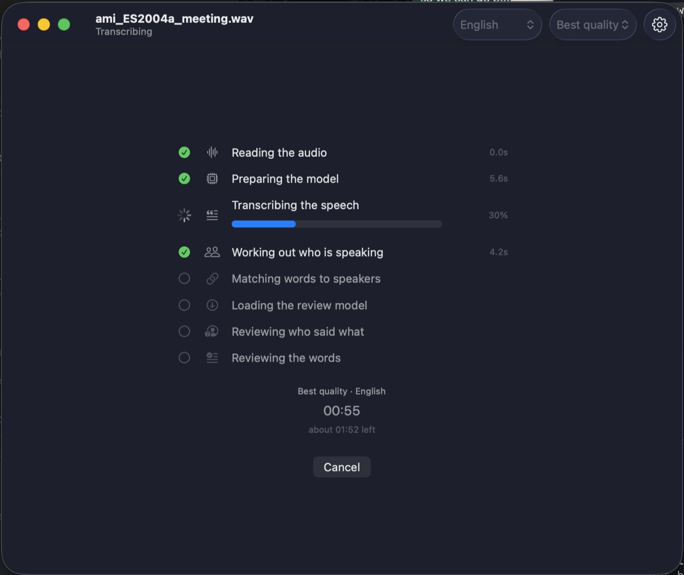 Juice processing a recording: the seven pipeline stages with progress and time remaining