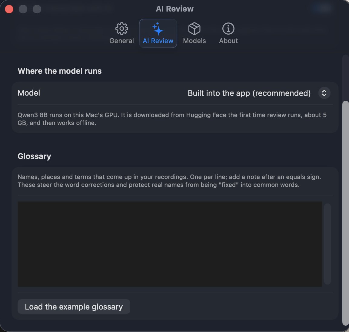 Juice AI Review settings: the review model runs on this Mac's GPU, and a glossary of names and terms steers the corrections