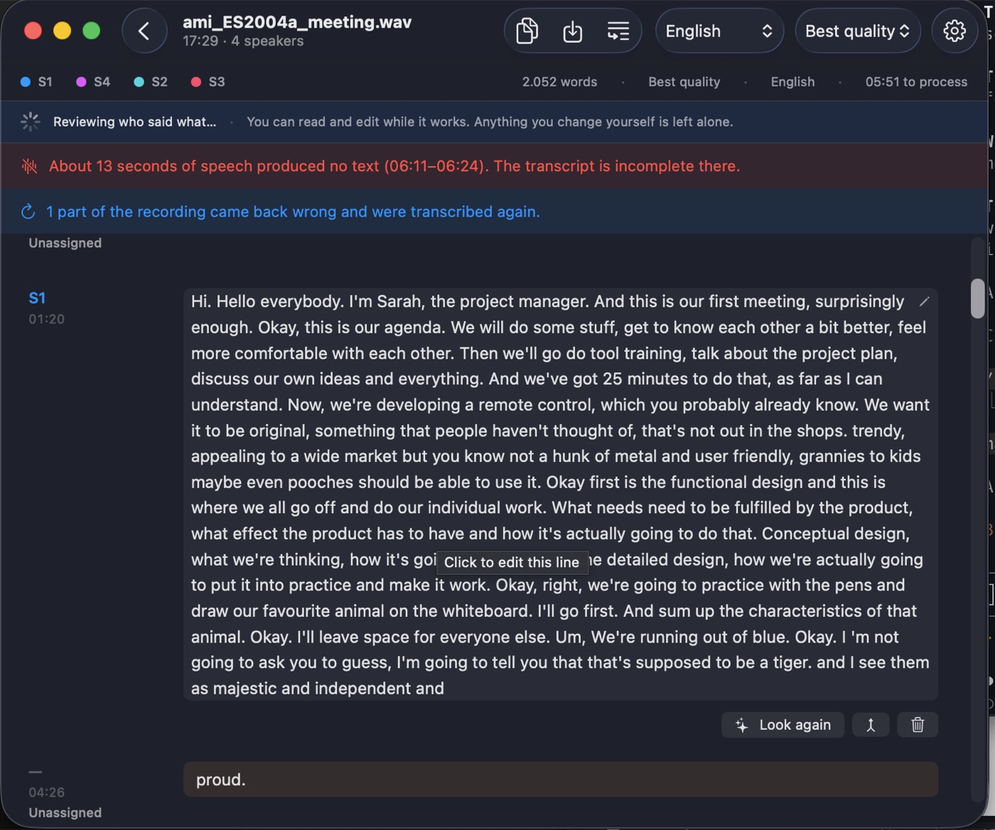 A four-speaker meeting transcript in Juice with speaker names, timestamps and notices