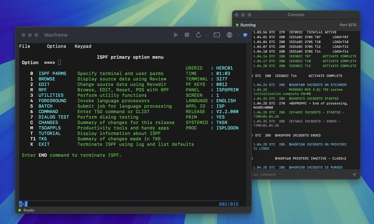 Macframe running MVS 3.8J on macOS